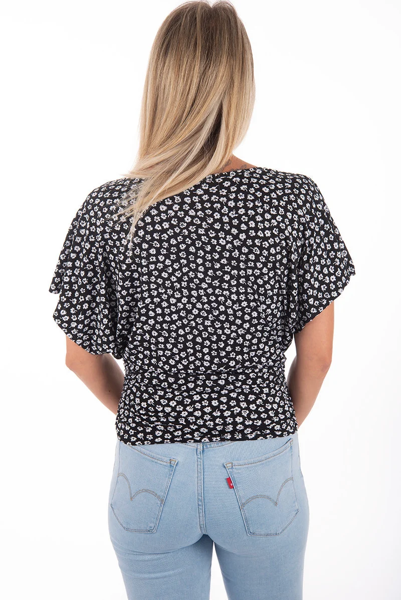 T-shirt petites fleurs manches chauve-souris