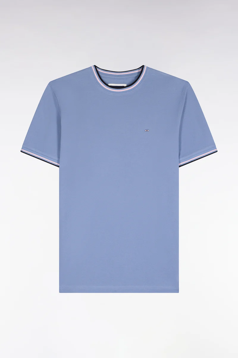 T-shirt manches courtes en coton bleu à bords-côtes rayés coupe droite