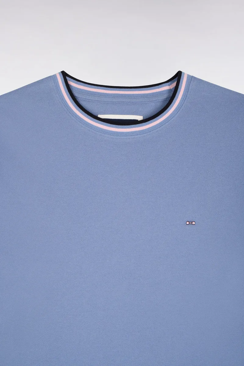T-shirt manches courtes en coton bleu à bords-côtes rayés coupe droite