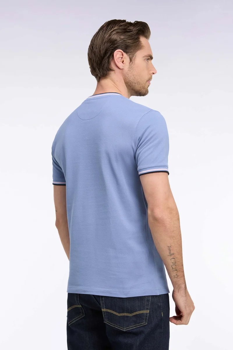 T-shirt manches courtes en coton bleu à bords-côtes rayés coupe droite