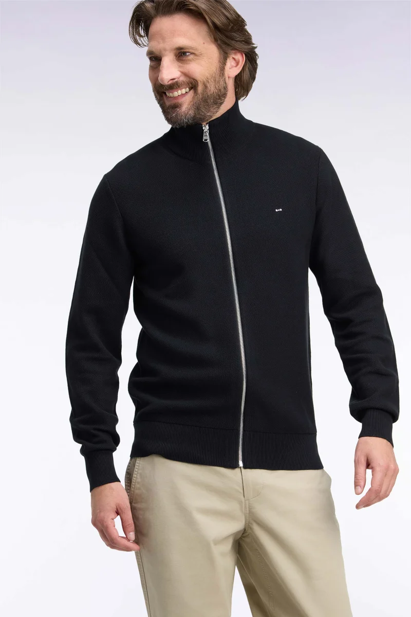Cardigan zippé en coton noir coupe droite