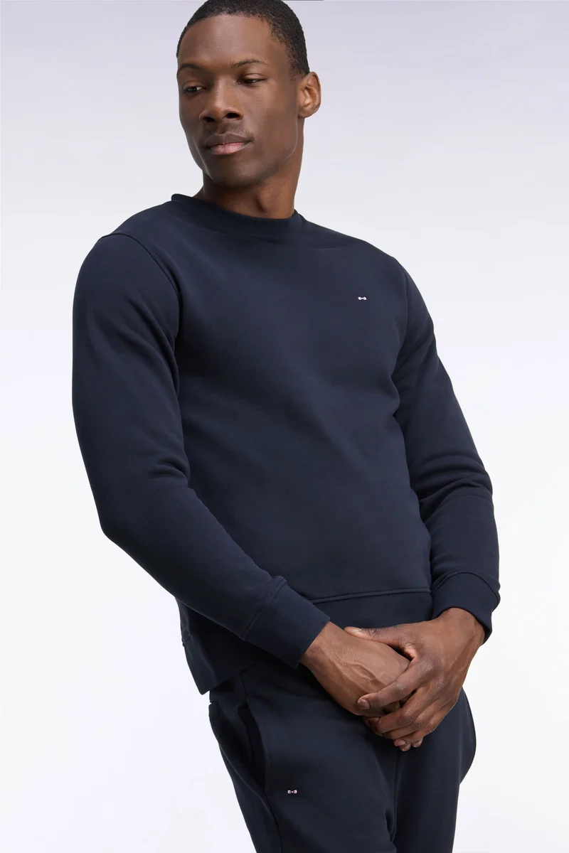 Sweatshirt col rond en molleton coton marine coupe droite
