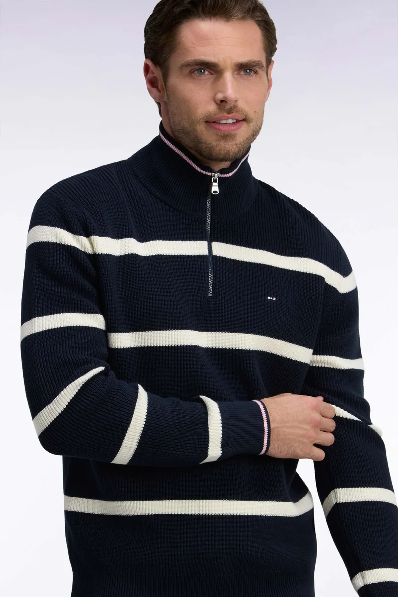 Pull rayé à col camionneur zippé en coton marine et écru coupe droite