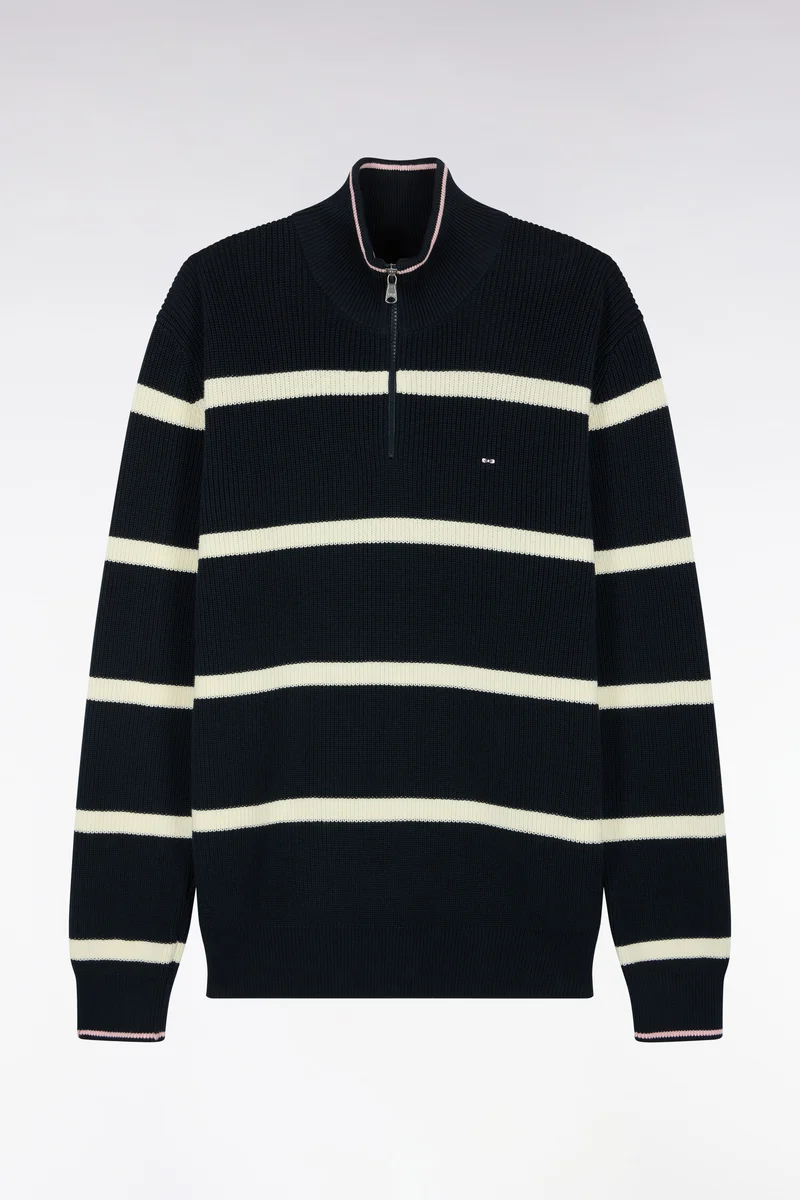 Pull rayé à col camionneur zippé en coton marine et écru coupe droite