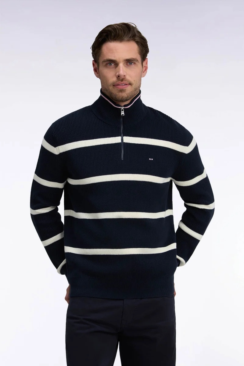 Pull rayé à col camionneur zippé en coton marine et écru coupe droite