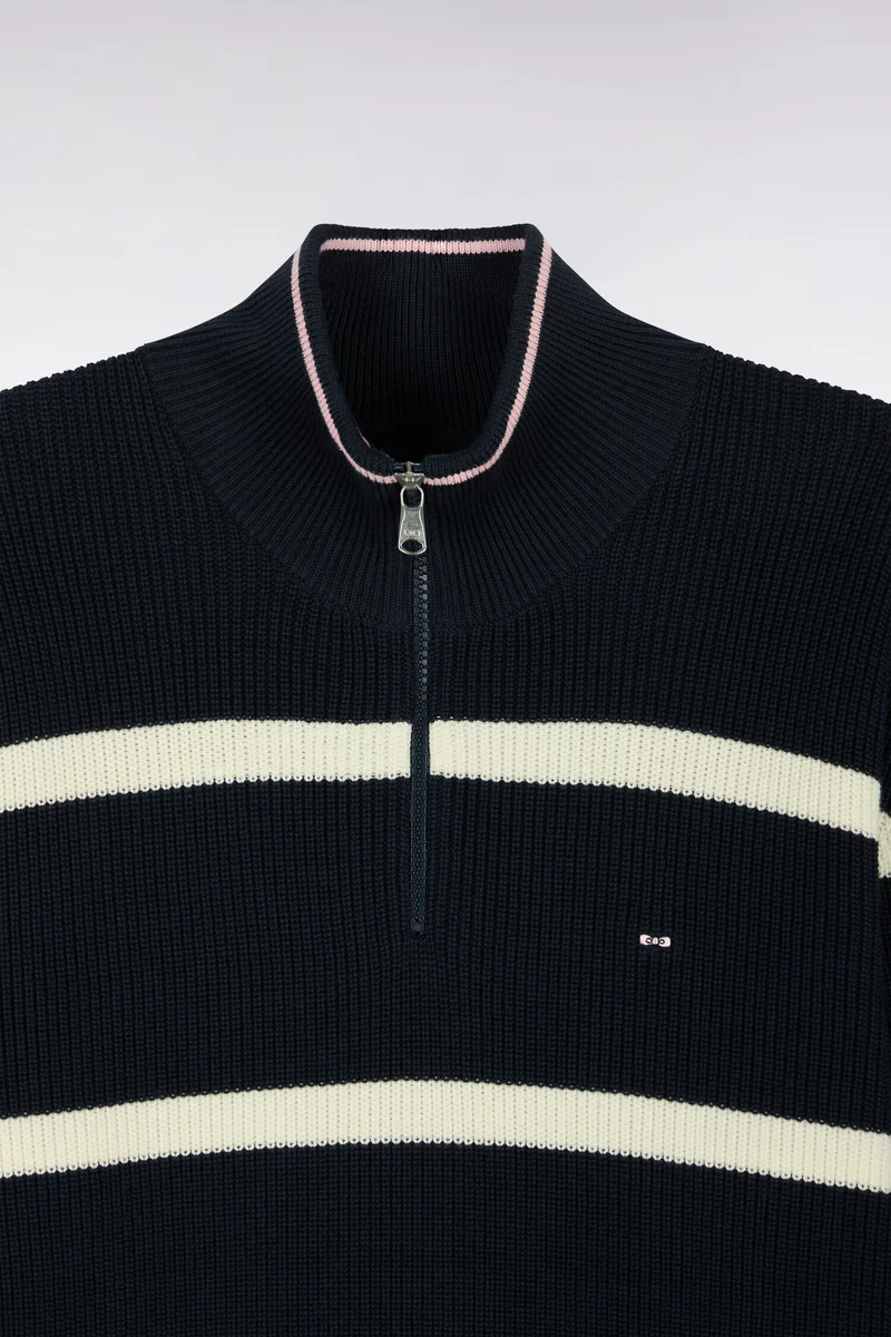 Pull rayé à col camionneur zippé en coton marine et écru coupe droite