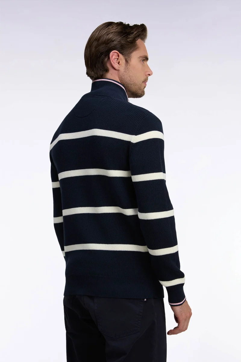 Pull rayé à col camionneur zippé en coton marine et écru coupe droite