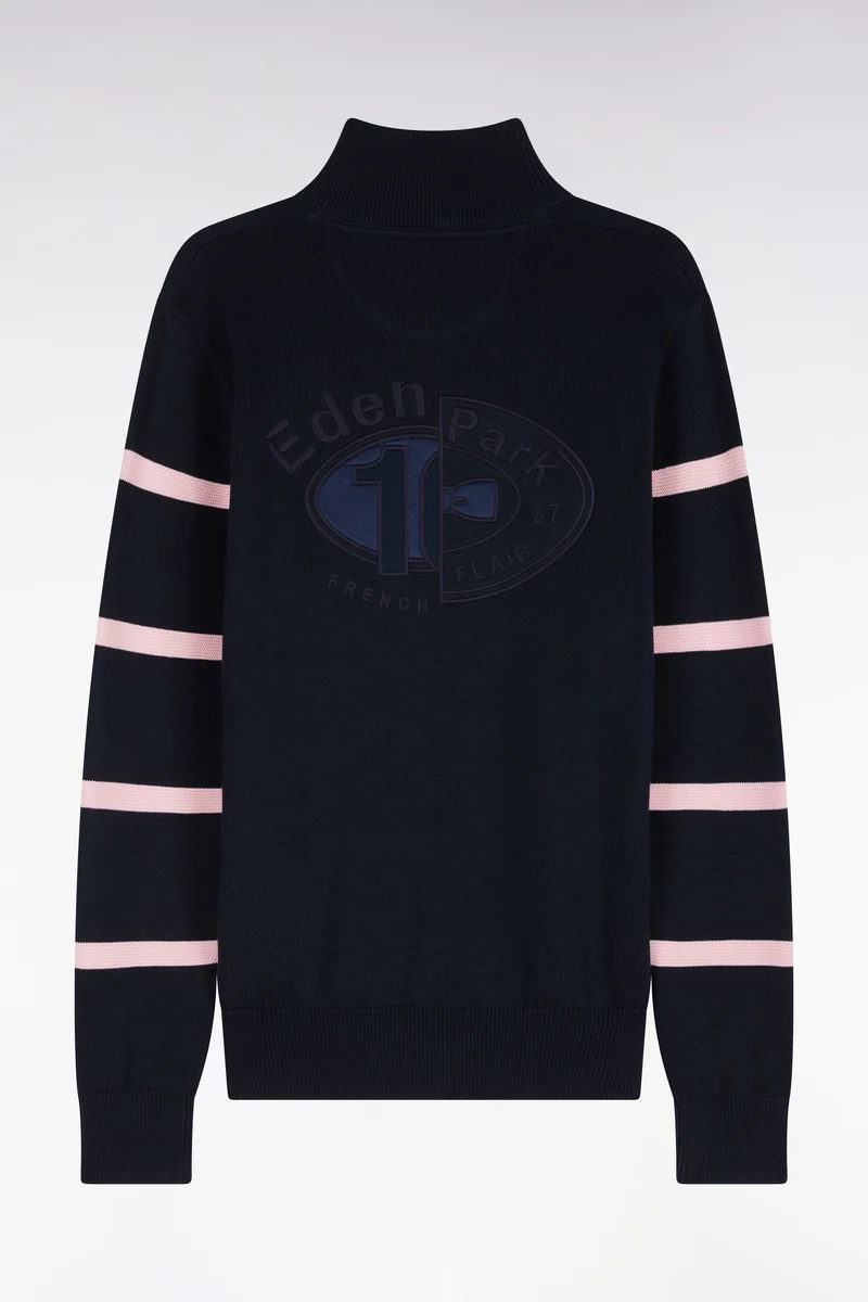 Pull à col montant zippé en coton marine à rayures de manches roses coupe regular