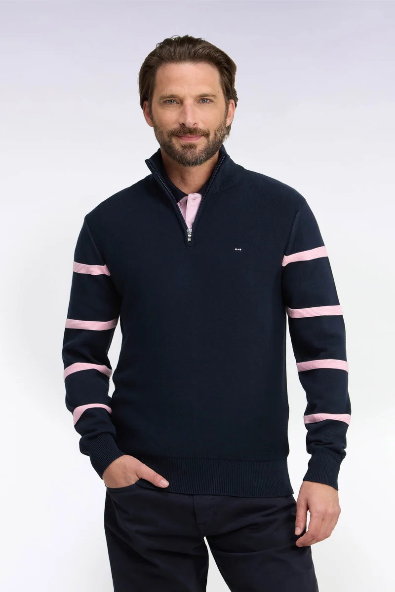 Pull à col montant zippé en coton marine à rayures de manches roses coupe regular