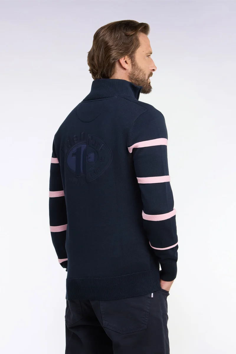 Pull à col montant zippé en coton marine à rayures de manches roses coupe regular