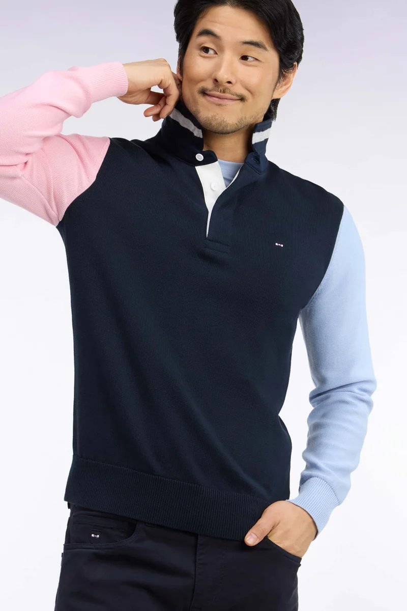Pull à col maillot en coton tricolore broderie dos coupe regular