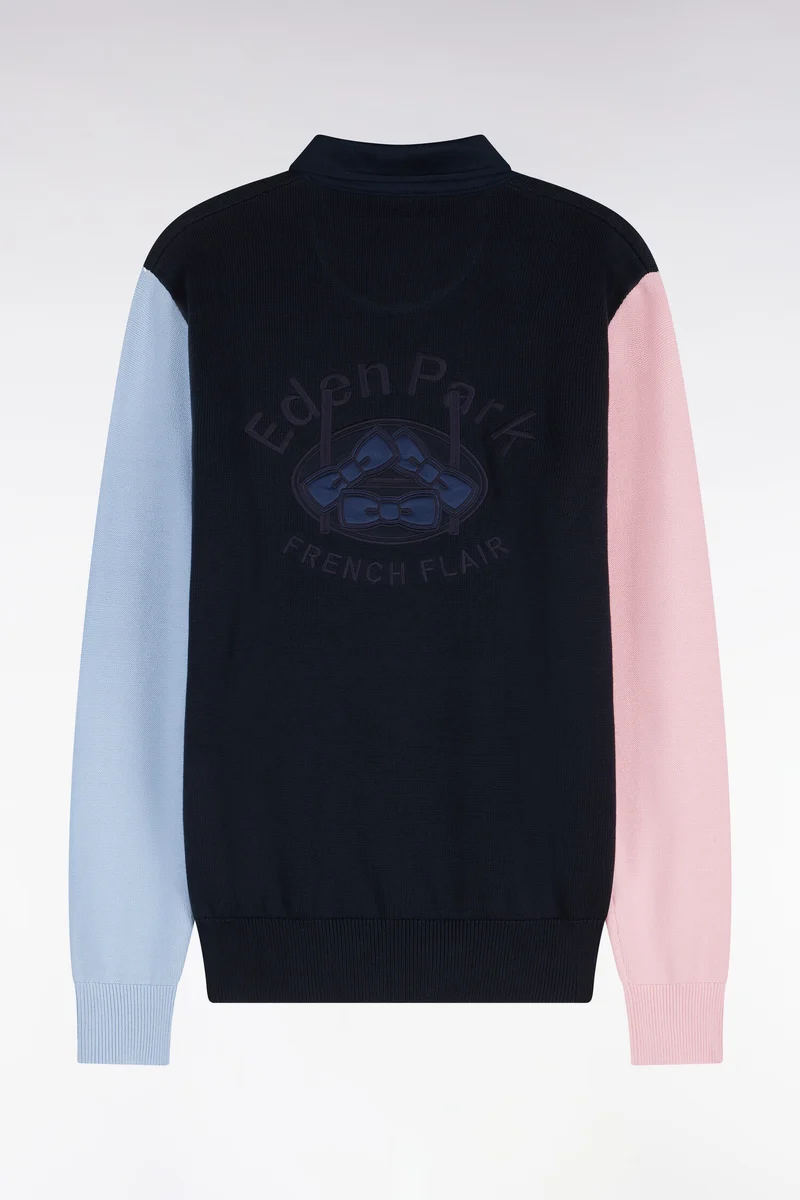 Pull à col maillot en coton tricolore broderie dos coupe regular