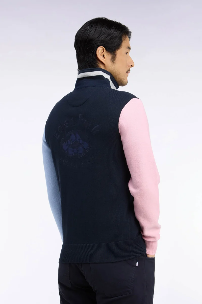 Pull à col maillot en coton tricolore broderie dos coupe regular