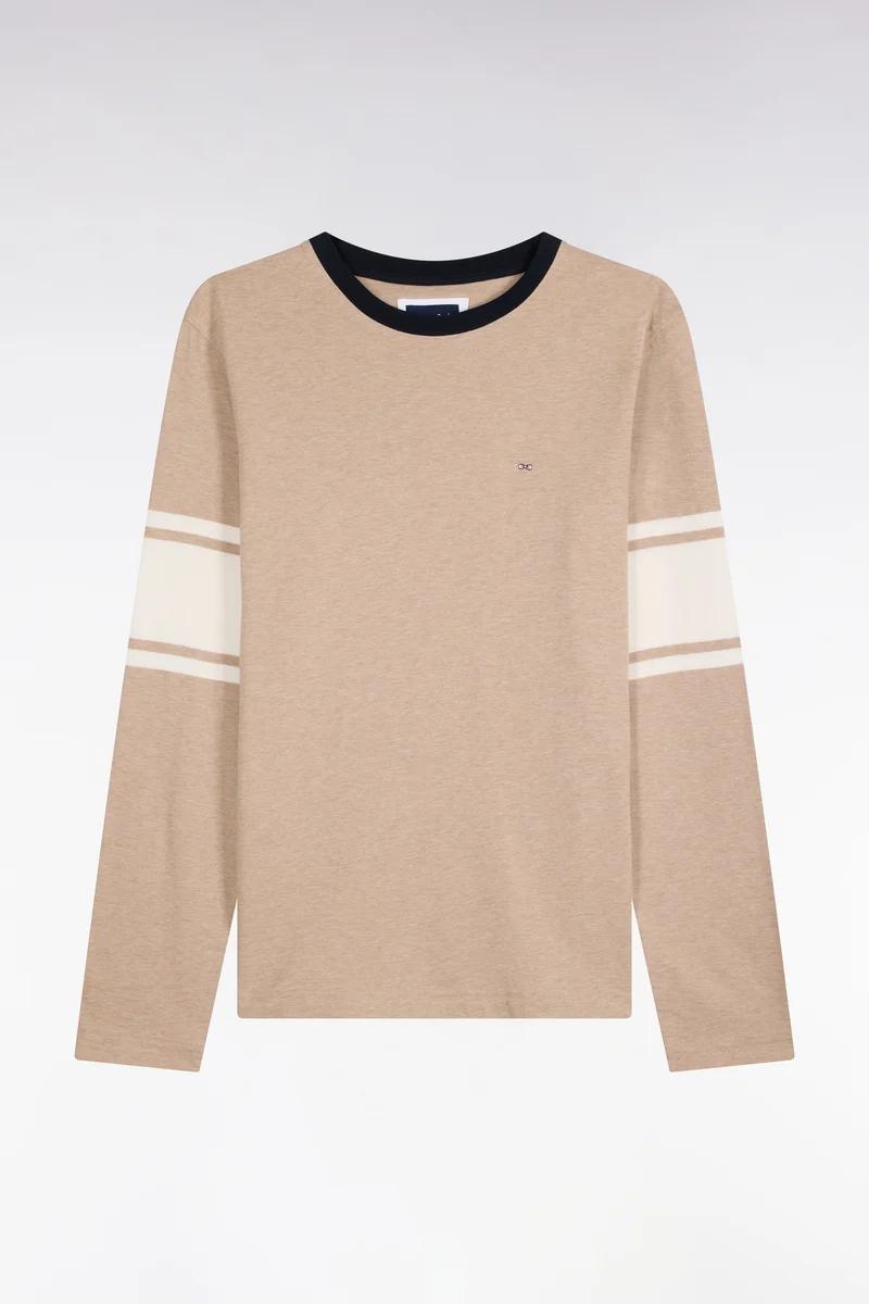 T-shirt manches longues en coton peigné beige coupe droite