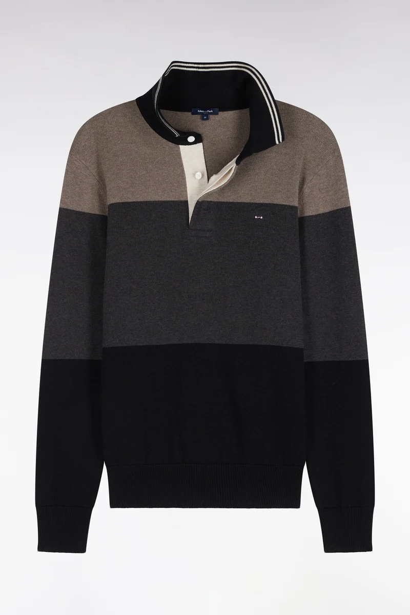 Pull à col maillot en coton tricolore à effet de rayures noir coupe regular