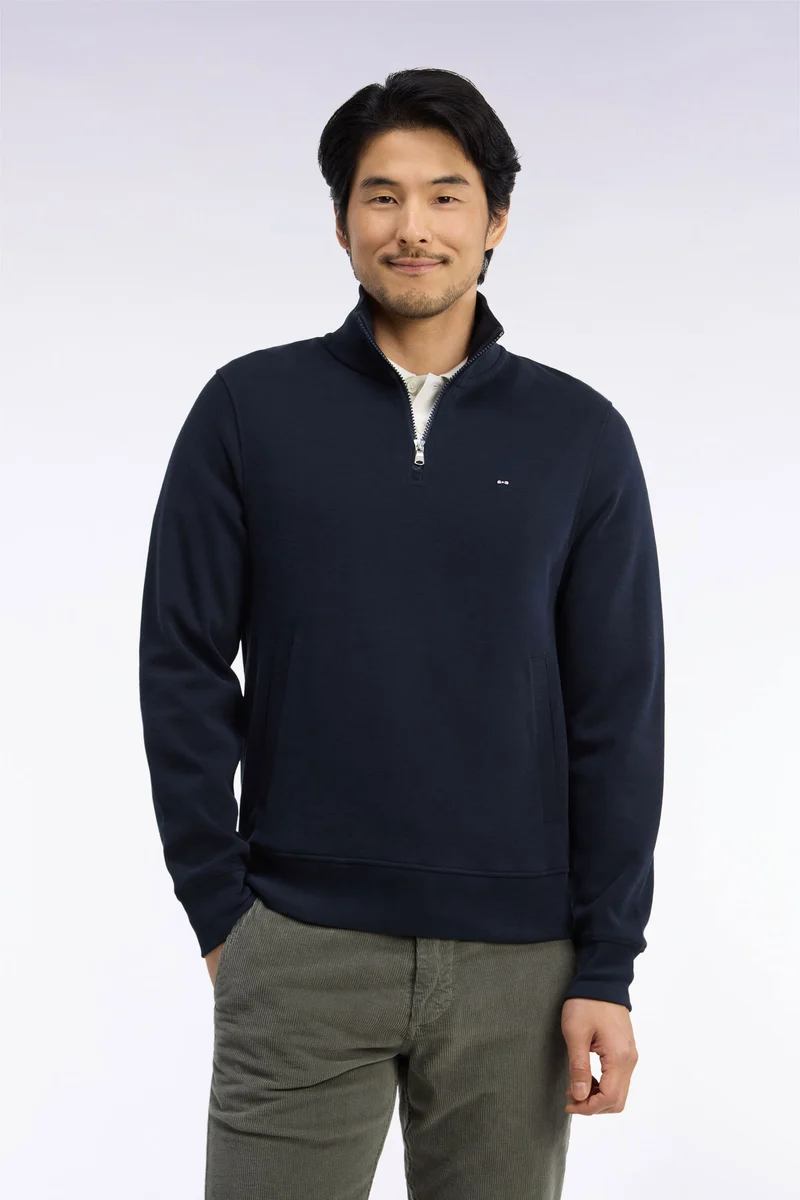 Sweatshirt col camionneur en molleton coton marine coupe droite