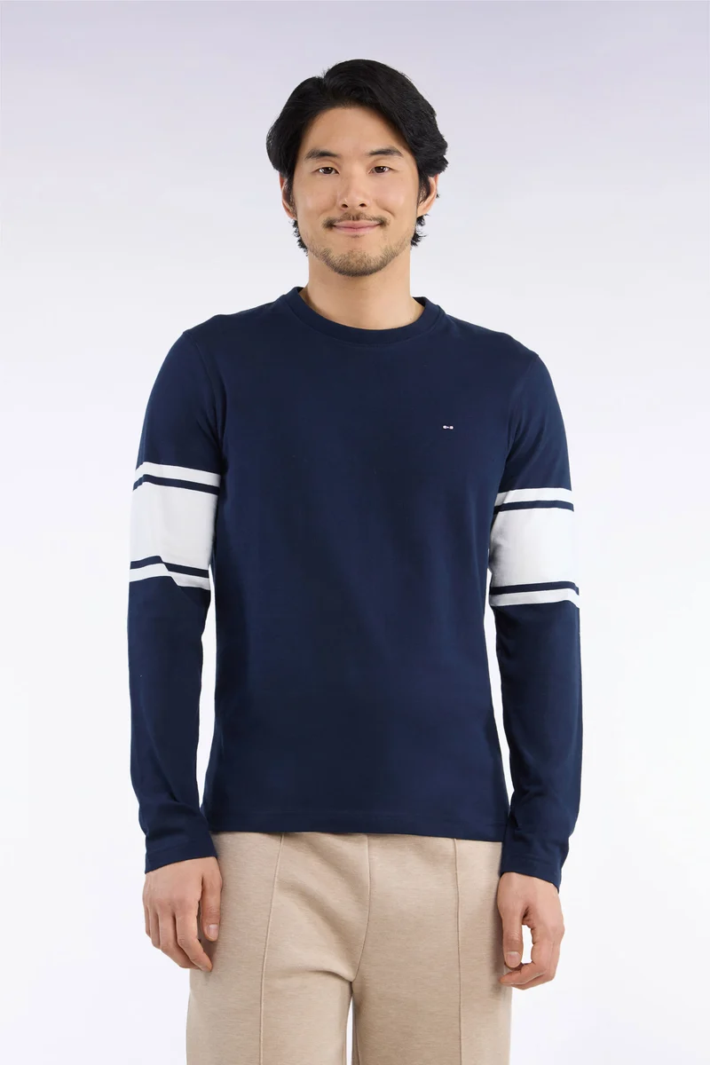 T-shirt manches longues en coton peigné marine coupe droite