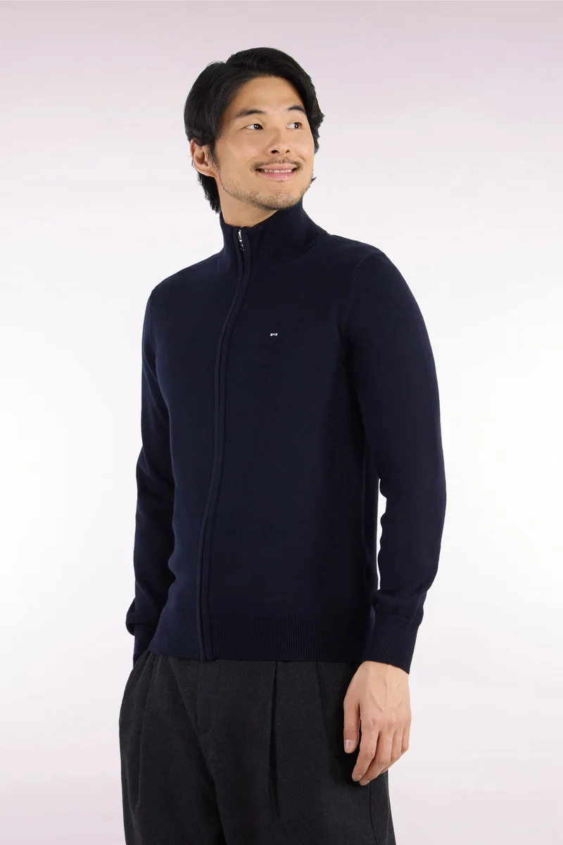 Cardigan zippé en laine et coton marine coupe droite