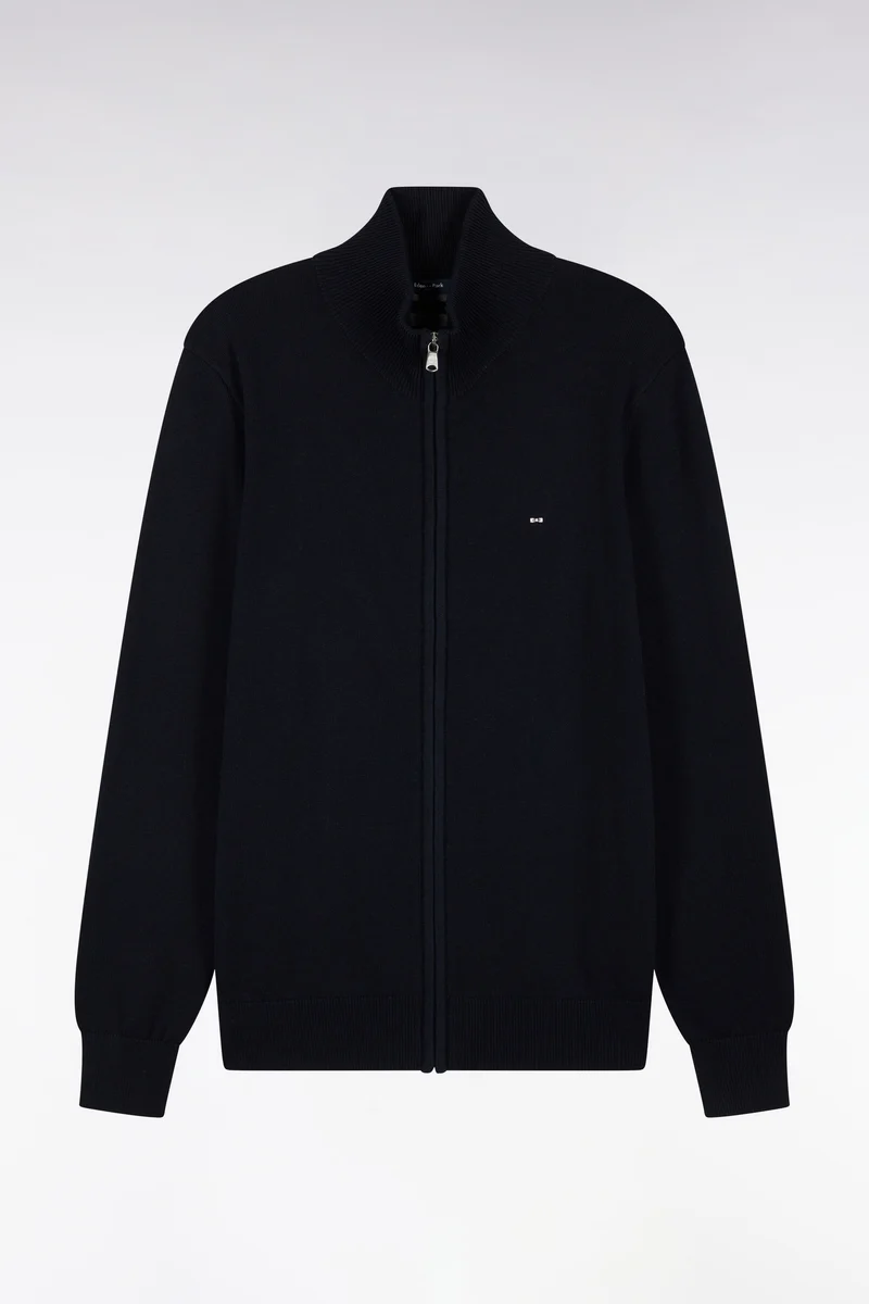 Cardigan zippé en laine et coton marine coupe droite