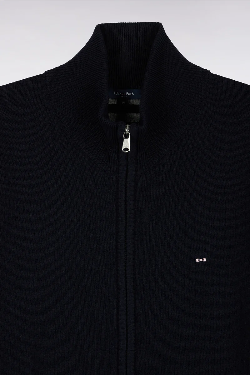 Cardigan zippé en laine et coton marine coupe droite