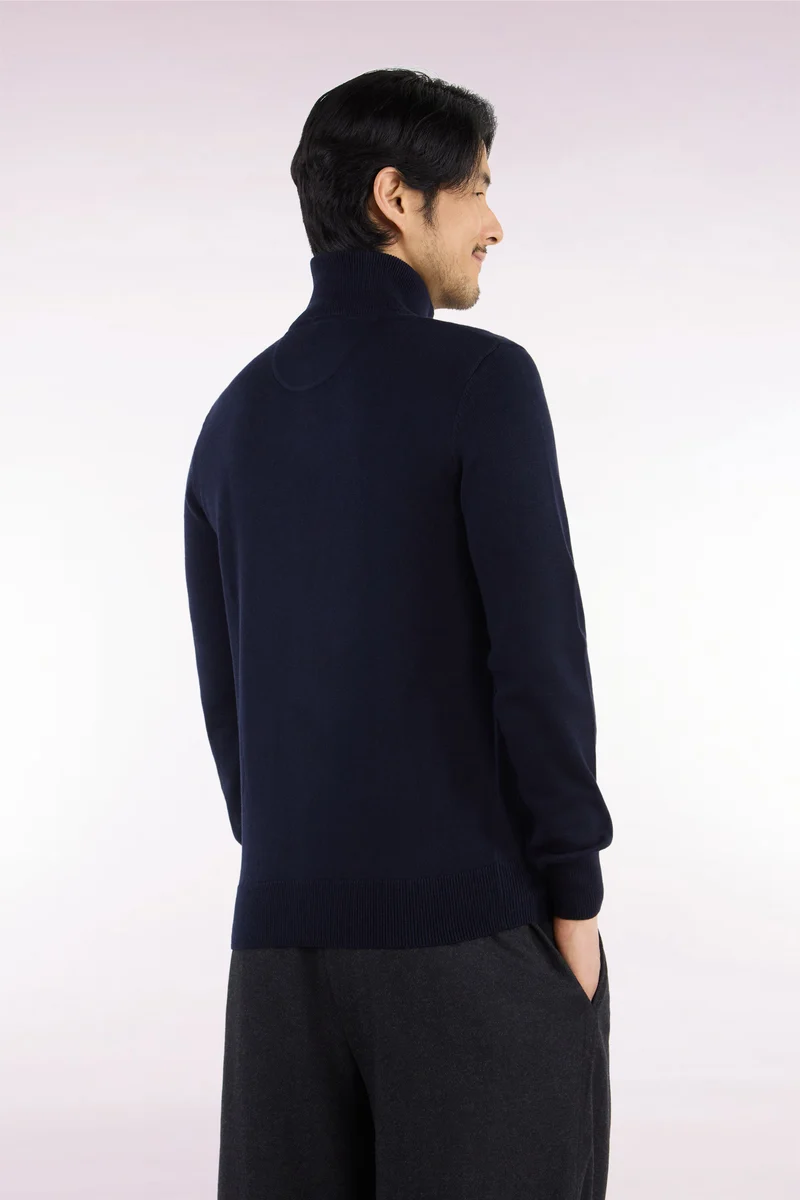 Cardigan zippé en laine et coton marine coupe droite