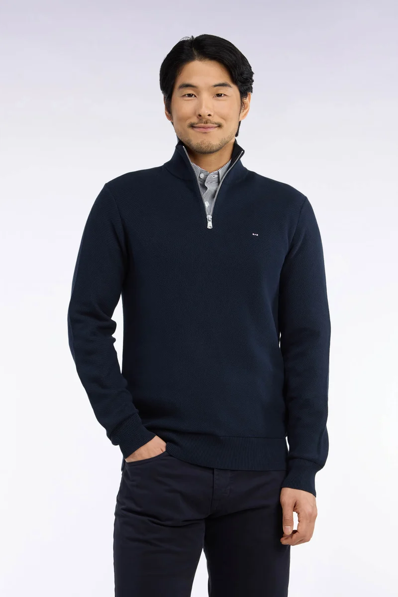 Pull col camionneur en coton marine coupe droite