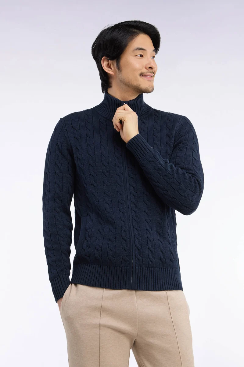 Cardigan à torsades zippé en coton marine coupe droite
