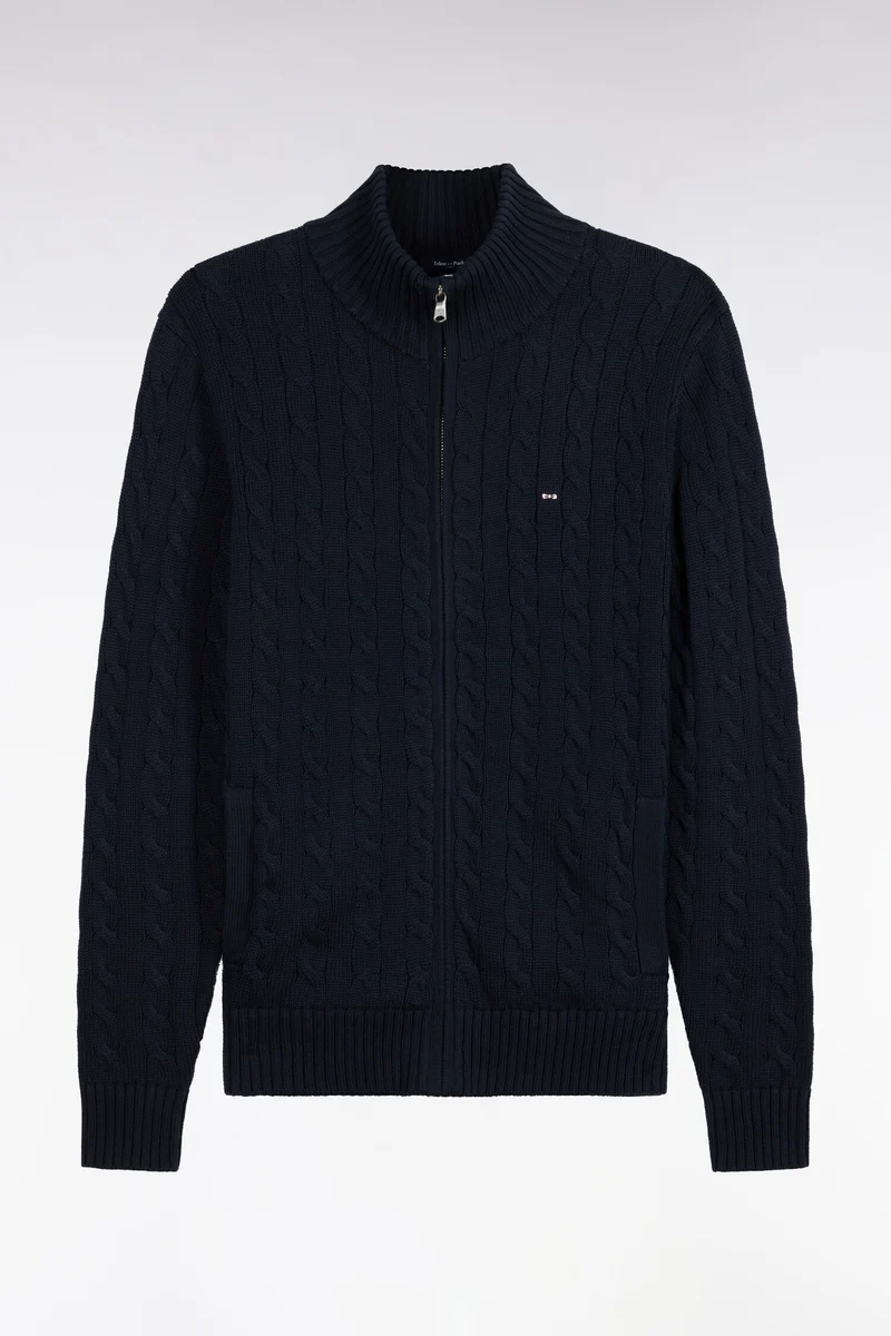 Cardigan à torsades zippé en coton marine coupe droite