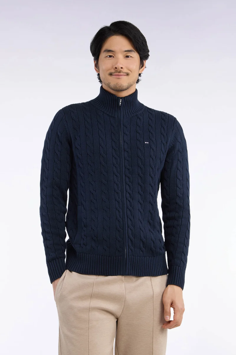Cardigan à torsades zippé en coton marine coupe droite