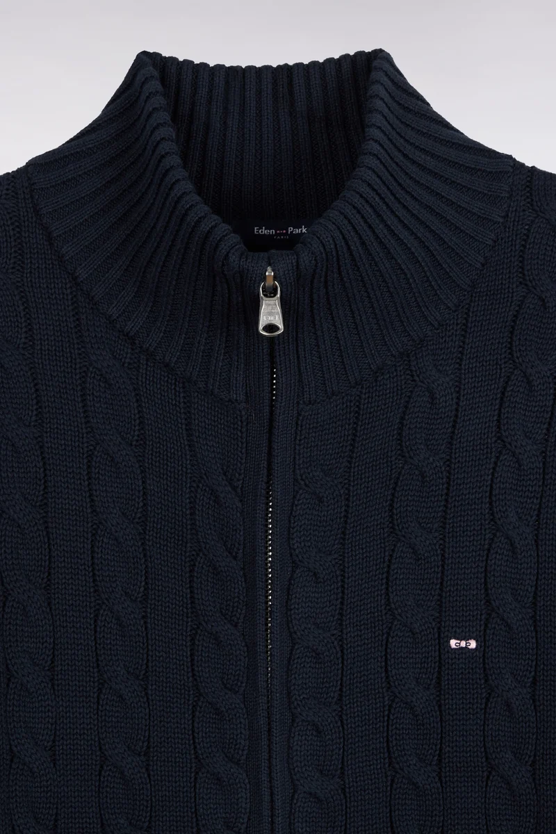 Cardigan à torsades zippé en coton marine coupe droite