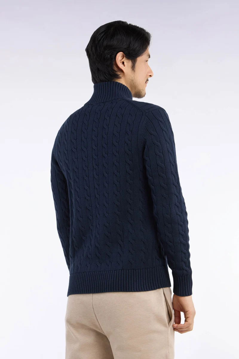 Cardigan à torsades zippé en coton marine coupe droite