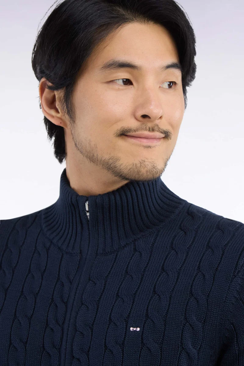 Cardigan à torsades zippé en coton marine coupe droite