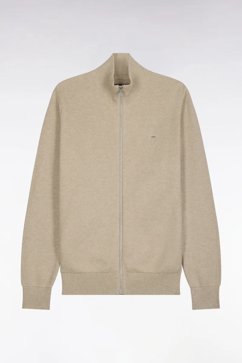 Cardigan zippé en coton beige coupe droite