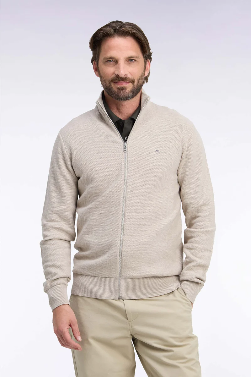 Cardigan zippé en coton beige coupe droite