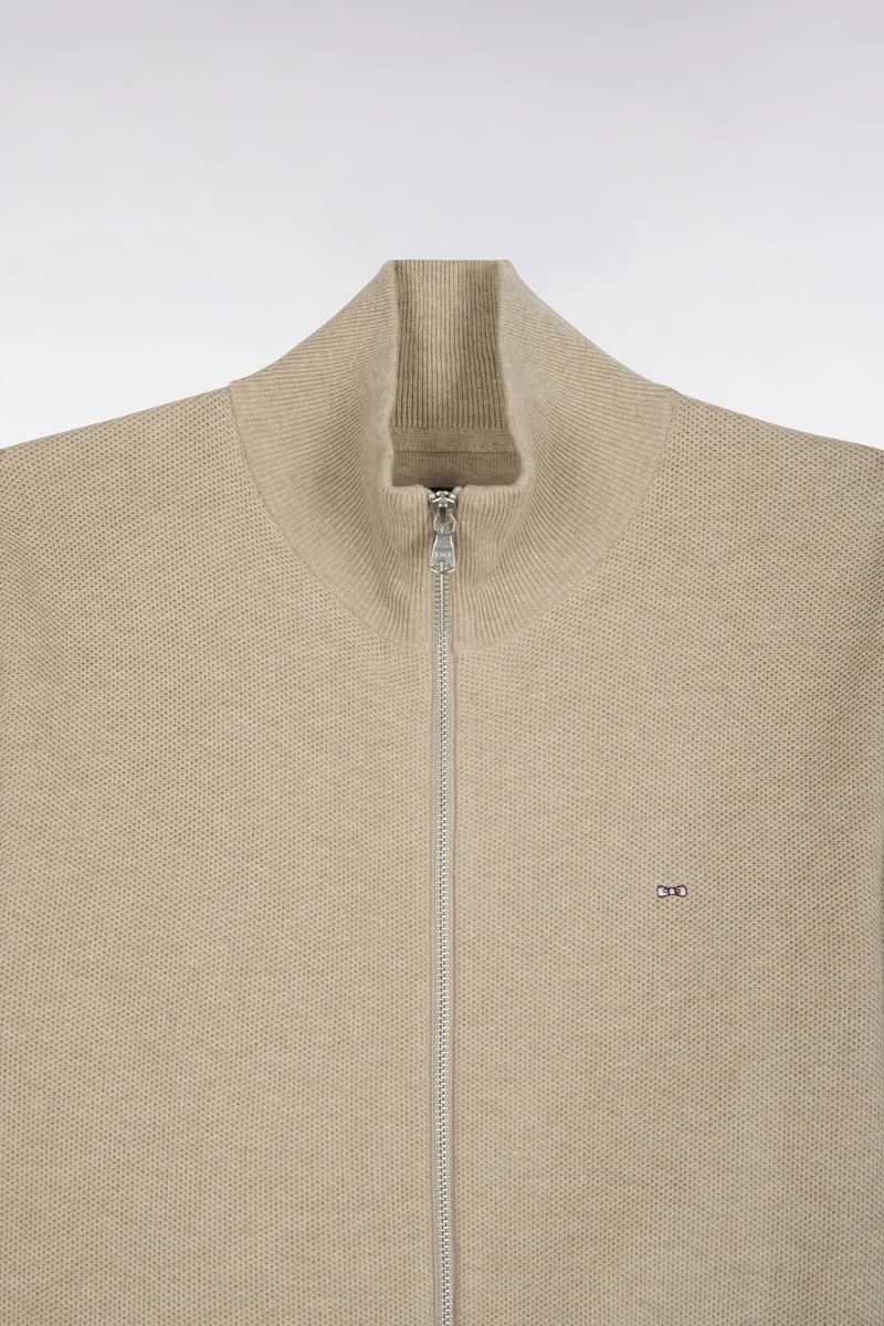 Cardigan zippé en coton beige coupe droite