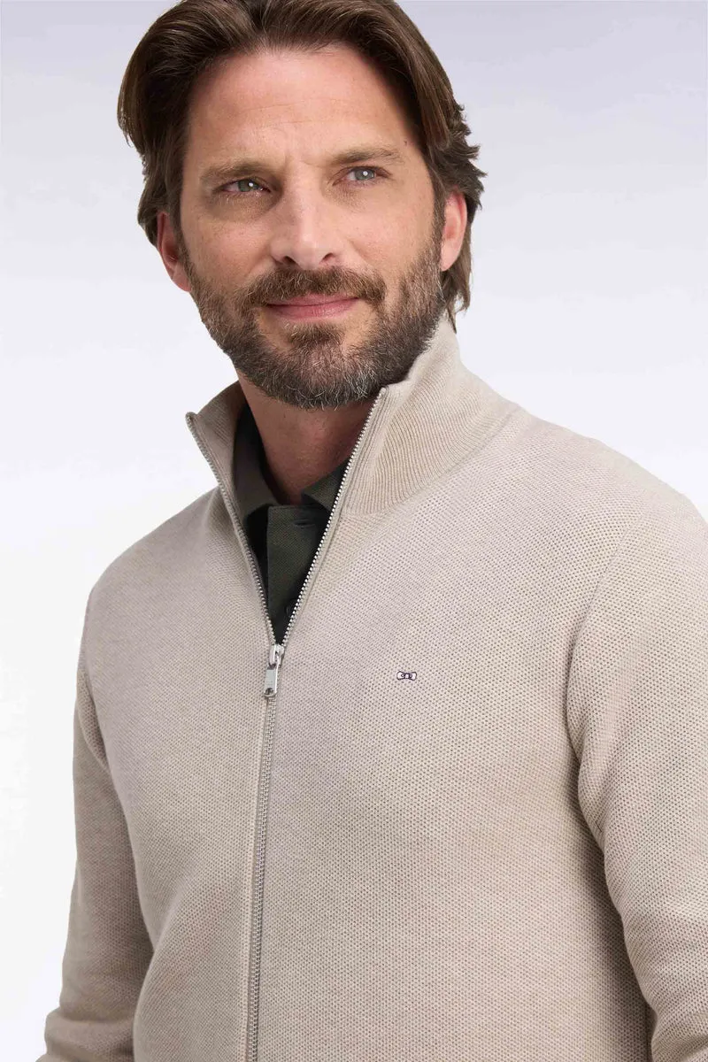 Cardigan zippé en coton beige coupe droite