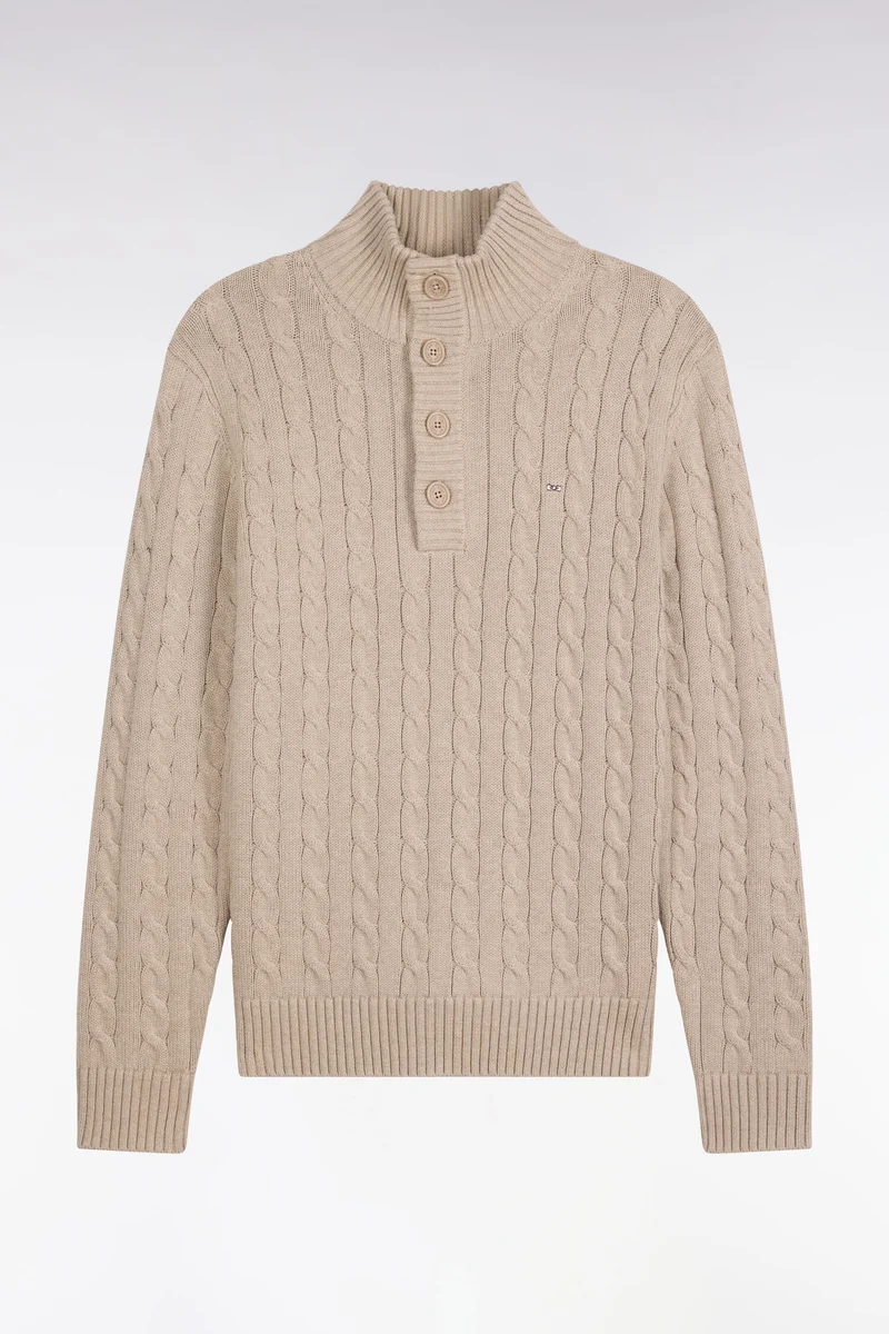 Pull à torsades col boutonné en coton beige coupe droite