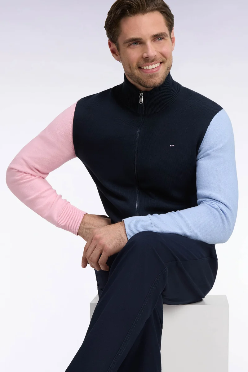 Cardigan zippé tricolore en coton marine dos brodé coupe droite