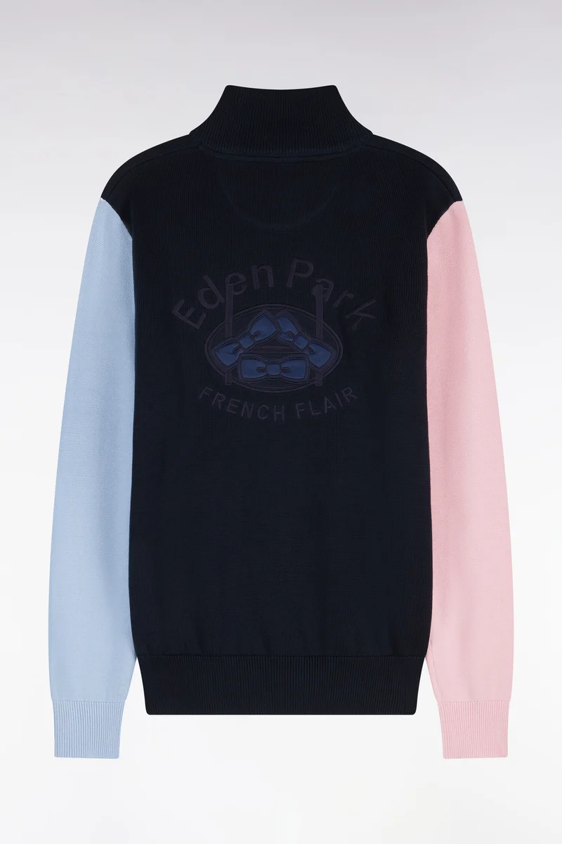 Cardigan zippé tricolore en coton marine dos brodé coupe droite