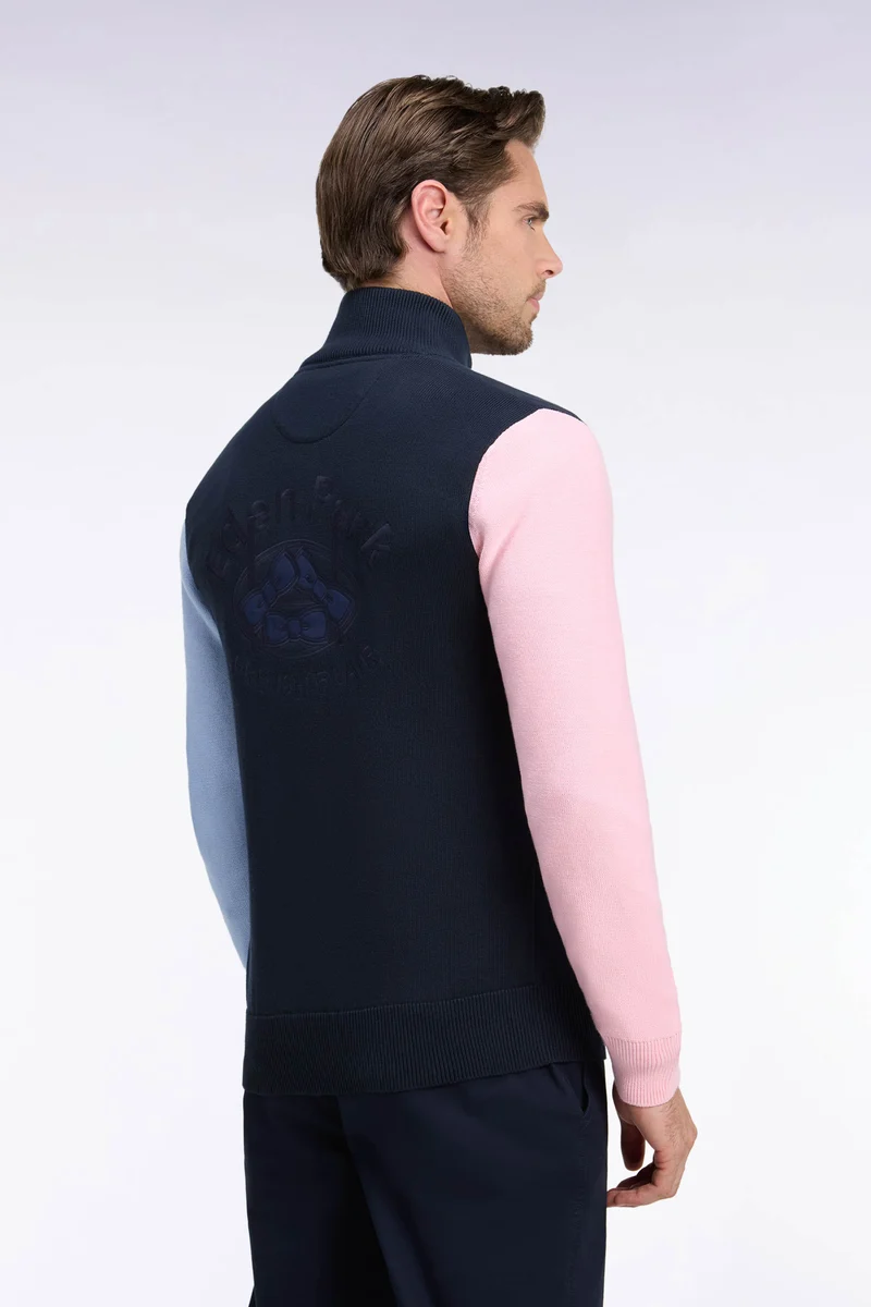 Cardigan zippé tricolore en coton marine dos brodé coupe droite