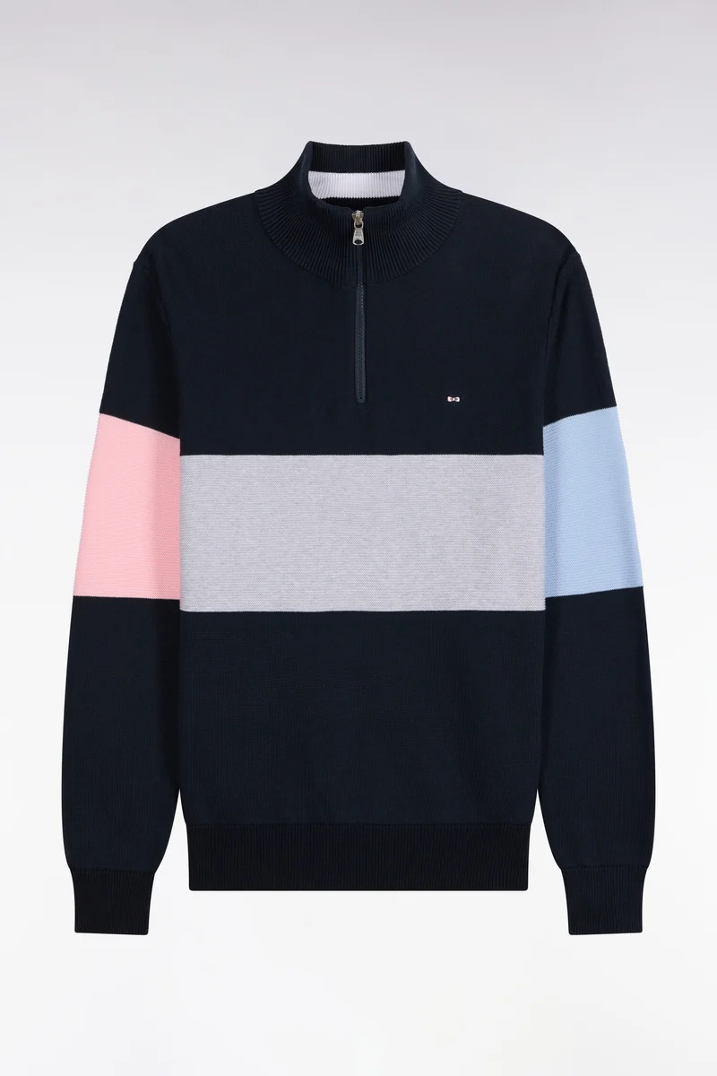 Pull à col camionneur en coton marine à découpe contrastée coupe droite