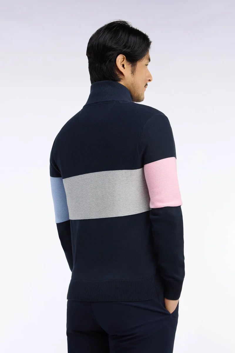 Pull à col camionneur en coton marine à découpe contrastée coupe droite