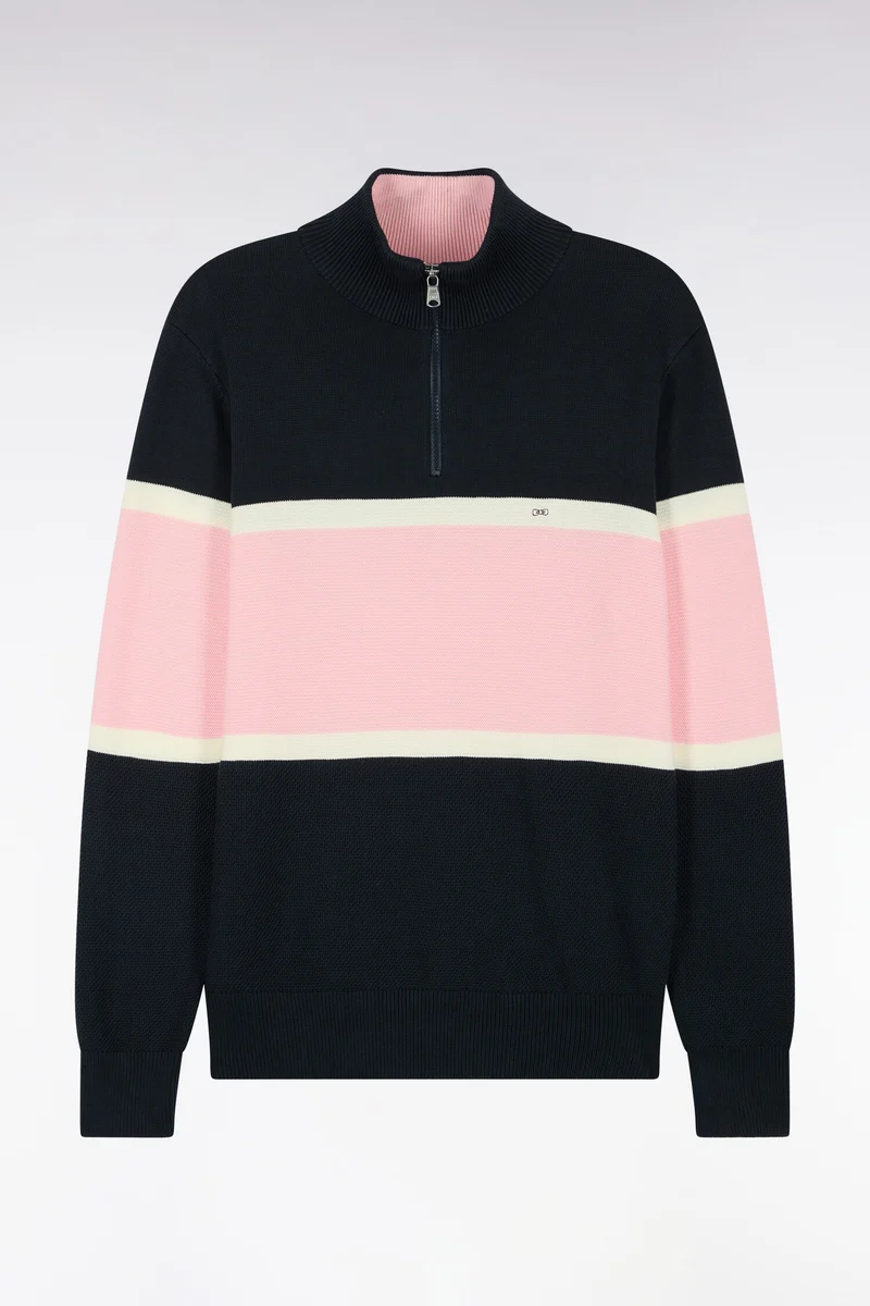 Pull à col camionneur en coton marine à découpes contrastées coupe droite