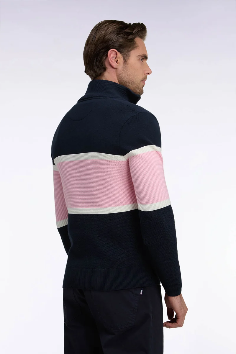 Pull à col camionneur en coton marine à découpes contrastées coupe droite