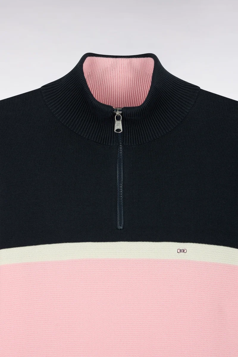 Pull à col camionneur en coton marine à découpes contrastées coupe droite