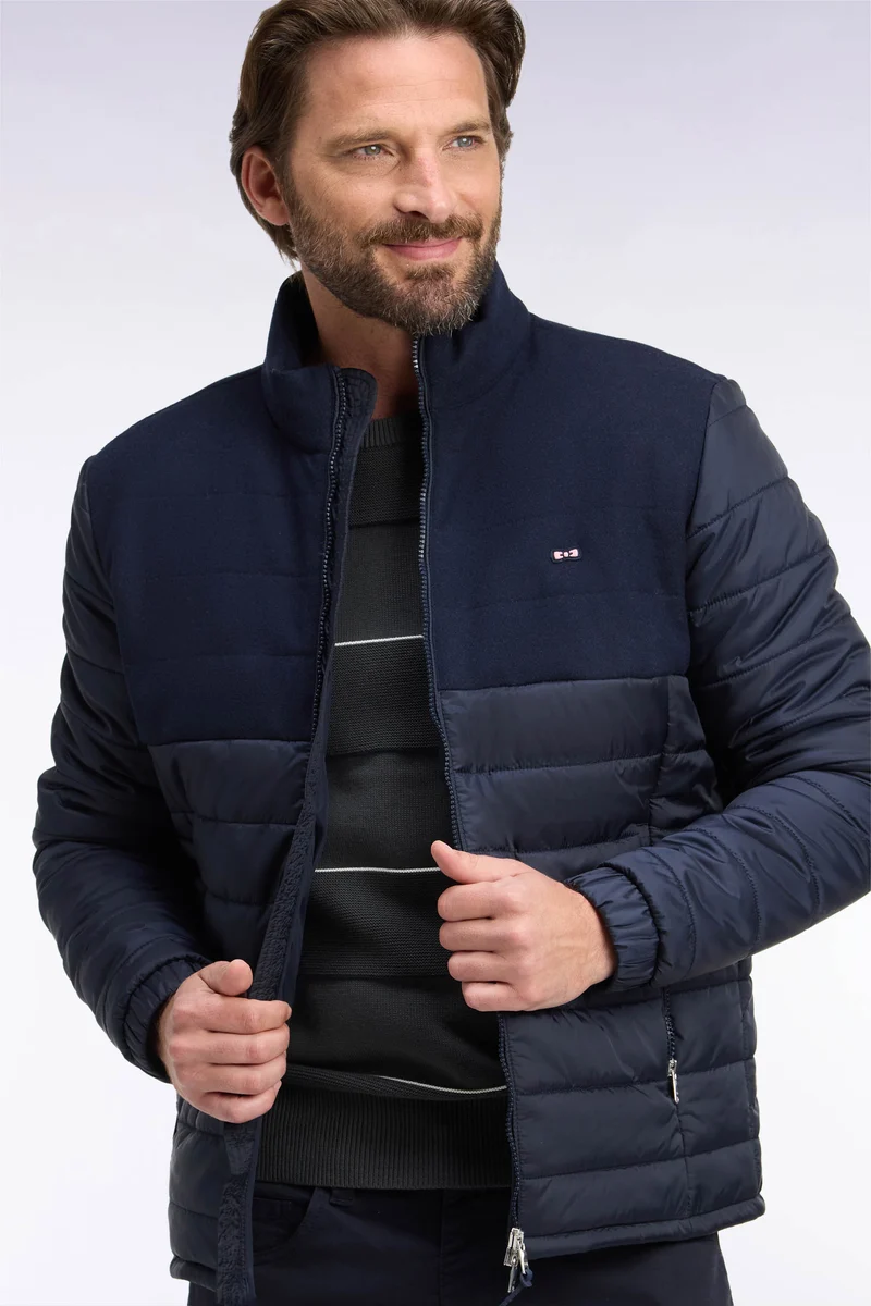 Doudoune bimatière en nylon et flanelle marine