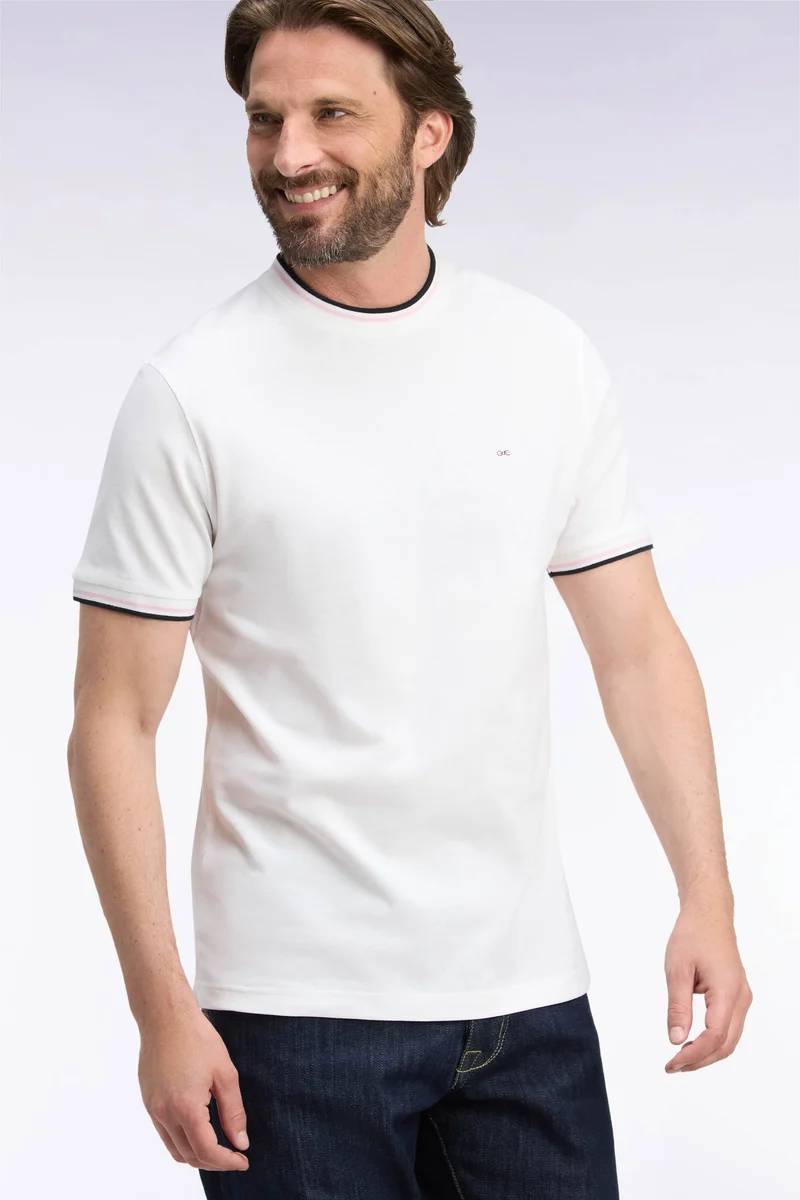 T-shirt manches courtes en coton écru à bords-côtes rayés coupe droite