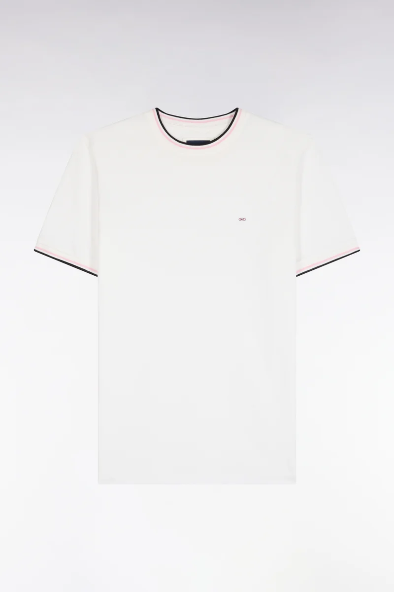 T-shirt manches courtes en coton écru à bords-côtes rayés coupe droite