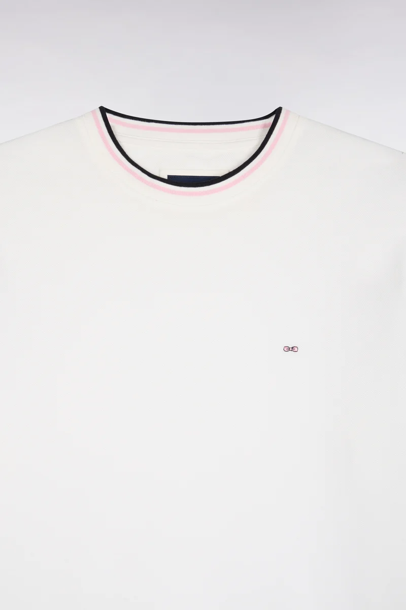 T-shirt manches courtes en coton écru à bords-côtes rayés coupe droite