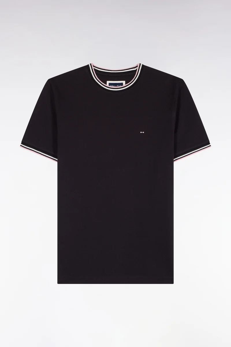 T-shirt manches courtes en coton noir à bords-côtes rayés coupe droite